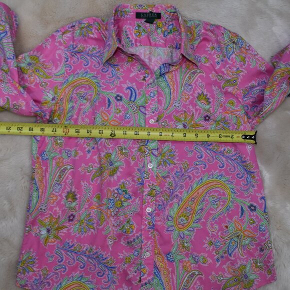 Lauren Ralph Lauren Blouse L Neon Pink Paisley Cotton Button Up Resort Chic - Picture 3 of 15